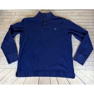 American Eagle Pullover Mens Large Blue Mock‎ Neck Button Sweatshirt Casual